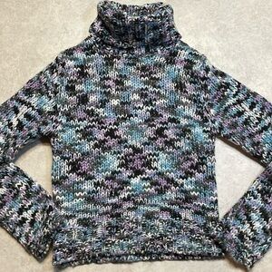 Red paint woman’s  cable knit multicolor turtleneck sweater. Size S.